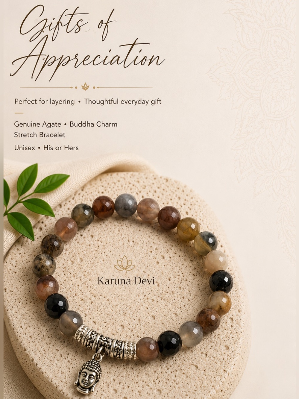 Genuine Stone Agate Beaded Stretch Bracelet with Buddha Charm for Her or Him